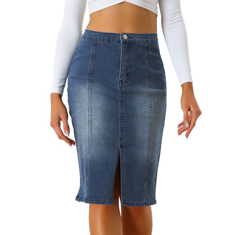 Allegra K Medium Blue Denim High-Rise Pencil Skirt with Front Slit